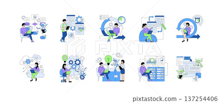 Vector illustration set showing diverse people collaborating with AI in various technology development scenarios. Emphasizes teamwork, innovation, and digital transformation in a modern context. Vector illustration set showing diverse people collaborating with AI in various technology development scenarios. Emphasizes teamwork, innovation, and digital transformation in a modern context. 137254406