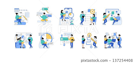 Vector illustration highlighting team collaboration during task management. Depicts individuals engaging in planning, scheduling, and workflow organization for effective teamwork. 137254408