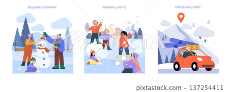 Winter vector illustration set featuring families building a snowman, engaging in snowball fights, and enjoying winter road trips. Bright cartoon style evokes joy and holiday fun. 137254411