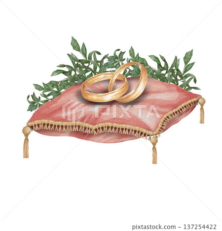 Watercolor illustration Wedding collection Decorations on a red pillow Rings and greenery PNG transparent background Hand drawing Vintage Watercolor illustration Wedding collection Decorations on a red pillow Rings and greenery PNG transparent background Hand drawing Vintage 137254422