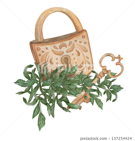 Watercolor illustration Wedding collection Copper golden lock with key Plants greenery PNG transparent background Hand drawing Vintage 137254424