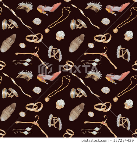 Seamless Pattern Watercolor illustration Wedding collection Jewelry, shoes, hangers, small items Hand drawn Seamless Pattern Watercolor illustration Wedding collection Jewelry, shoes, hangers, small items Hand drawn 137254429