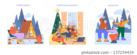 Vector illustration showcasing winter camping, cozy movie marathons, and outdoor yoga. The scenes depict relaxation, family bonding, and fitness amidst a winter landscape, emphasizing joy and Vector illustration showcasing winter camping, cozy movie marathons, and outdoor yoga. The scenes depict relaxation, family bonding, and fitness amidst a winter landscape, emphasizing joy and 137254434