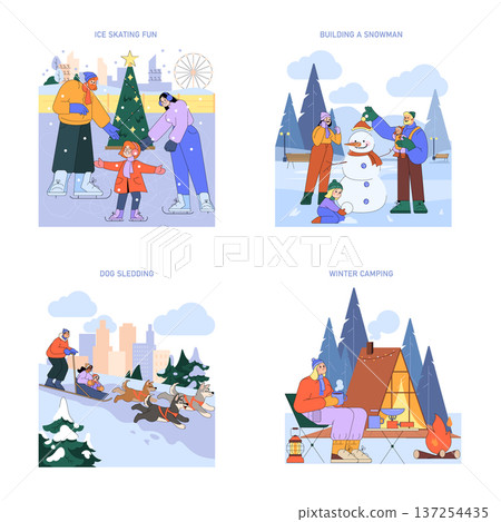 Cheerful vector illustration of winter activities showcasing families ice skating, building a snowman, dog sledding, and enjoying winter camping. Emphasizes fun and togetherness in a snowy landscape. Cheerful vector illustration of winter activities showcasing families ice skating, building a snowman, dog sledding, and enjoying winter camping. Emphasizes fun and togetherness in a snowy landscape. 137254435
