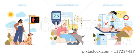 Vector illustration highlighting roles of service dogs. A guide dog assists a woman outdoors, a medical alert dog helps a person with diabetes, and therapy dogs aid patients in a clinic. Vector illustration highlighting roles of service dogs. A guide dog assists a woman outdoors, a medical alert dog helps a person with diabetes, and therapy dogs aid patients in a clinic. 137254437