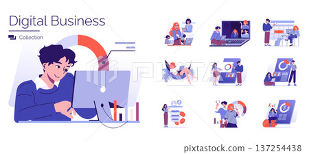 Digital business vector illustration set showing various activities like online meetings, data analysis, and remote work. Ideal for modern business and technology concepts. Digital business vector illustration set showing various activities like online meetings, data analysis, and remote work. Ideal for modern business and technology concepts. 137254438