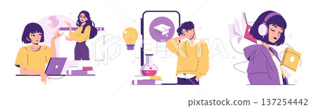 Vector illustration depicting creativity and innovation in education. Features students engaged in digital learning, scientific exploration, and multimedia experiences, showcasing dynamic academics. Vector illustration depicting creativity and innovation in education. Features students engaged in digital learning, scientific exploration, and multimedia experiences, showcasing dynamic academics. 137254442
