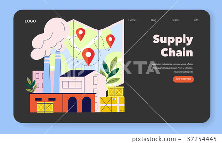 Vector illustration of a supply chain concept featuring a factory, map with location pins, and logistic symbols. Designed for business, logistics, and management themes. Vector illustration of a supply chain concept featuring a factory, map with location pins, and logistic symbols. Designed for business, logistics, and management themes. 137254445
