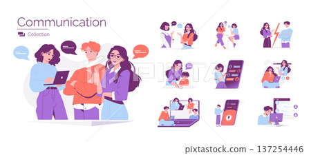 Vector illustration showing a group of diverse individuals engaged in a lively discussion with speech bubbles, highlighting communication and teamwork concepts in a modern style. 137254446