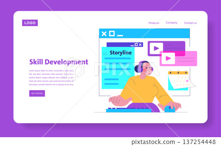 Skill development vector illustration on a website interface featuring a person with headphones, engaging with digital content for learning. Ideal for education and e-learning concepts. 137254448
