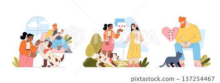 Vector illustration depicting three scenes of people and pets. In the first scene, joyful interaction with a dog. Second scene shows a conversation accompanied by dogs. Third scene highlights a 137254467