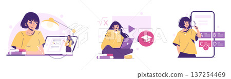 Vector illustration of students engaged in online learning activities. One student studies with a laptop, another focuses on a computer, and a third analyzes test options on a screen. Vector illustration of students engaged in online learning activities. One student studies with a laptop, another focuses on a computer, and a third analyzes test options on a screen. 137254469