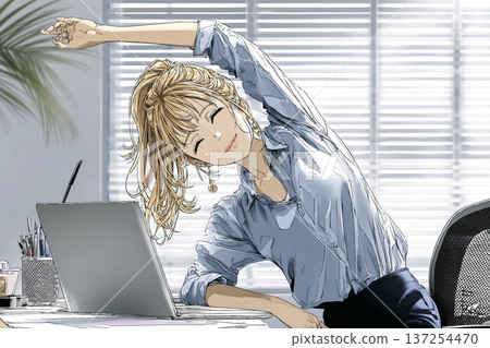 年輕女企業家在辦公室伸展身體 | 清新圖片插圖 137254470