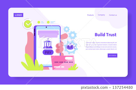 Mobile payment concept vector illustration features a digital transaction interface on a smartphone with a credit card and secure processing icons, symbolizing online banking. 137254480