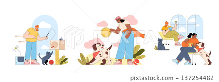 Vector illustration depicting people engaging in playful activities with pets. Scenes include a cat chasing a toy, a person playing fetch with a dog, and a cozy moment with pets indoors. Vector illustration depicting people engaging in playful activities with pets. Scenes include a cat chasing a toy, a person playing fetch with a dog, and a cozy moment with pets indoors. 137254482
