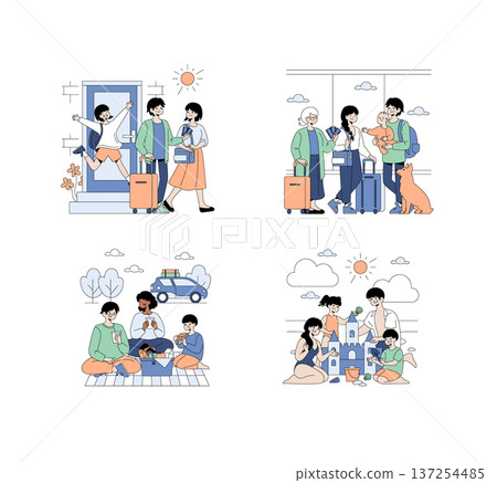 Vector illustration depicting a family enjoying travel and leisure activities. Scenes show a family leaving home with luggage, meeting at the airport, having a picnic, and building sandcastles. 137254485