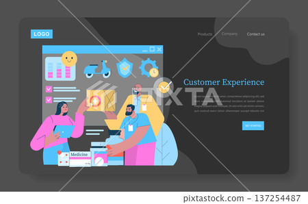 Vector illustration depicting a collaborative team discussing customer experience and product delivery. Features include delivery icons, product packages, and teamwork elements. 137254487