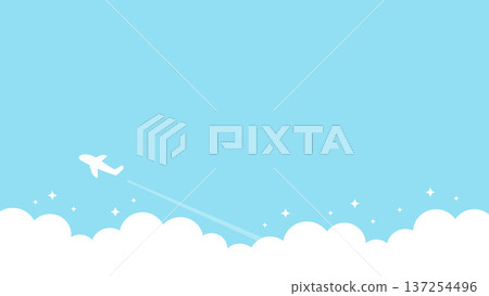 Airplane flying in the blue sky and cloud background, travel image illustration, 16:9 landscape size 137254496