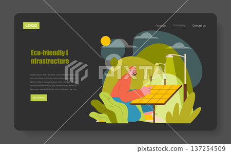 Vector illustration showing a smiling person engaging with a solar panel, highlighting eco-friendly infrastructure. Vibrant colors emphasize sustainability and renewable energy themes. 137254509