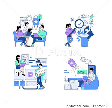 Vector illustration showing teamwork on tech projects. Teams engaged in discussions, planning, coding, and launching a startup idea. Visual elements include laptops, gears, rockets, and user Vector illustration showing teamwork on tech projects. Teams engaged in discussions, planning, coding, and launching a startup idea. Visual elements include laptops, gears, rockets, and user 137254513
