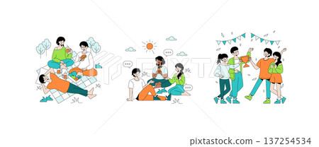 Vector illustration of friends relaxing during a picnic and enjoying drinks. The scene transitions to a celebration, with a trophy raised, capturing joy and camaraderie among the group. Vector illustration of friends relaxing during a picnic and enjoying drinks. The scene transitions to a celebration, with a trophy raised, capturing joy and camaraderie among the group. 137254534