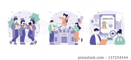 Vector illustration depicting a joyful graduation scene with graduates in caps and gowns holding certificates. Emphasizes achievement, success, and the joy of completion. Vector illustration depicting a joyful graduation scene with graduates in caps and gowns holding certificates. Emphasizes achievement, success, and the joy of completion. 137254544