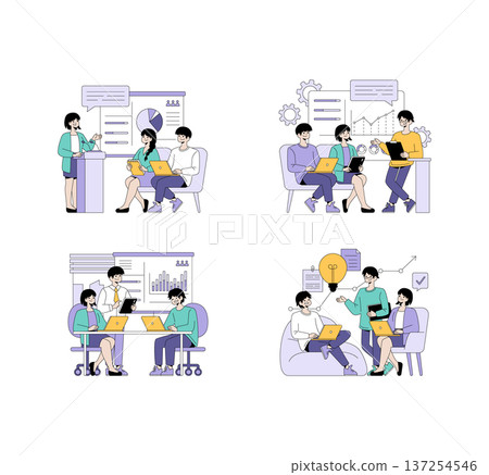 Business professionals engaged in team discussions and presentations, sharing ideas and analyzing charts in a collaborative environment. The vector illustration captures teamwork and communication 137254546