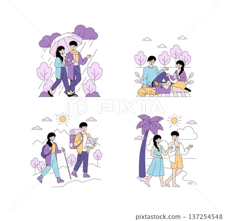 Vector illustration depicting couples engaging in outdoor activities. Scenes include walking in the rain, a picnic, hiking, and a beach walk. Vibrant and relaxed expressions highlight enjoyment. 137254548