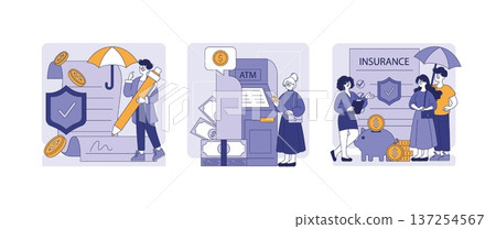 Vector illustration depicting individuals engaging with financial concepts. Scenes include ATM usage, insurance discussion under an umbrella, and saving money for future security. Vector illustration depicting individuals engaging with financial concepts. Scenes include ATM usage, insurance discussion under an umbrella, and saving money for future security. 137254567
