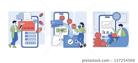Vector illustration showing digital payment and cryptocurrency transactions. Individuals interact with mobile apps to manage finances, make payments, and analyze cryptocurrency trends. 137254569