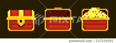 Pixel treasure chests. Wooden chest treasures open box, pixelart retro game icon mystery golden coin pirate gold money gem 8 bit video arcade ui travel kicky vector illustration Pixel treasure chests. Wooden chest treasures open box, pixelart retro game icon mystery golden coin pirate gold money gem 8 bit video arcade ui travel kicky vector illustration 137254591