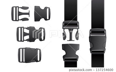 Realistic plastic buckle. Belt Quick fasteners, isolated safety clasp belts clip nylon strap fastex lanyard latch backpack travel luggage hiking rucksack, exact vector illustration Realistic plastic buckle. Belt Quick fasteners, isolated safety clasp belts clip nylon strap fastex lanyard latch backpack travel luggage hiking rucksack, exact vector illustration 137254600