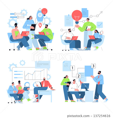 Vector illustration depicting a team collaborating and sharing innovative ideas. The image shows people engaging with digital devices, discussing strategies, and analyzing data in a dynamic workspace. Vector illustration depicting a team collaborating and sharing innovative ideas. The image shows people engaging with digital devices, discussing strategies, and analyzing data in a dynamic workspace. 137254616