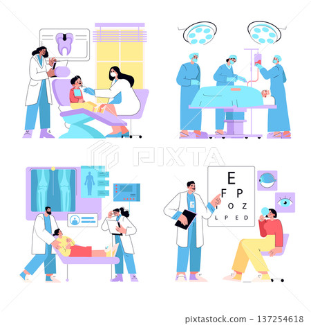 Vector illustration of healthcare professionals in various medical settings, including a dental checkup, surgery preparation, X-ray examination, and an eye test, highlighting medical expertise. Vector illustration of healthcare professionals in various medical settings, including a dental checkup, surgery preparation, X-ray examination, and an eye test, highlighting medical expertise. 137254618