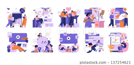 Vector illustration depicting diverse modern life activities such as logistics, drone delivery, payment processing, online shopping, live streaming, and children playing with toys. Vector illustration depicting diverse modern life activities such as logistics, drone delivery, payment processing, online shopping, live streaming, and children playing with toys. 137254621
