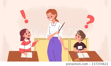 Teacher child question. School children answer teacher questions classroom, tutor mom ask kids home education class cartoon boy girl thinking characters study vector illustration Teacher child question. School children answer teacher questions classroom, tutor mom ask kids home education class cartoon boy girl thinking characters study vector illustration 137254622