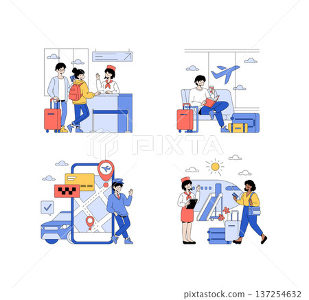 Vector illustration set showcasing various airport activities, including check-in, waiting in lounge, booking a cab, and departure with passengers interacting and preparing for travel. Vector illustration set showcasing various airport activities, including check-in, waiting in lounge, booking a cab, and departure with passengers interacting and preparing for travel. 137254632