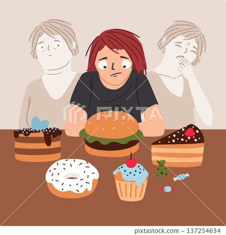 Sick young woman suffering from bulimia makes a choce about food. Weight loss vector illustration Sick young woman suffering from bulimia makes a choce about food. Weight loss vector illustration 137254634