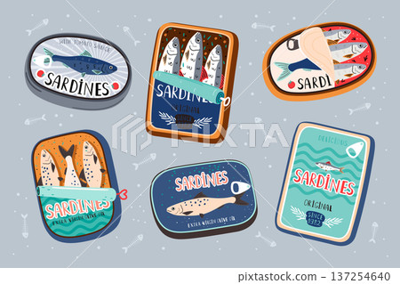 Set of canned sardines. Colorful seafood vector illustration. Cartoon stickers of Fish can. 137254640