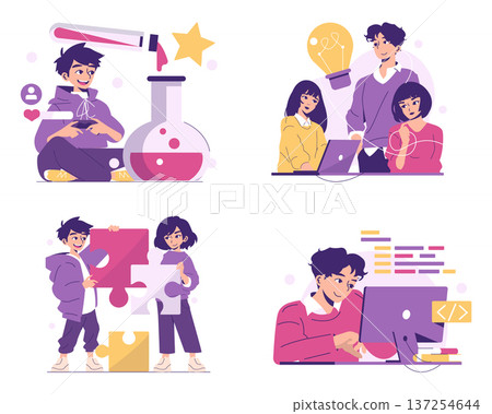 Vector illustration depicting collaborative teamwork, creativity, and innovation. Includes characters brainstorming ideas, solving puzzles, and engaging in coding, showcasing dynamic group effort and 137254644