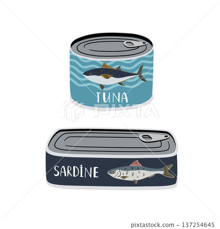 Sardine, tuna cans. Seafood canned for tourists. Cartoon vector illustration preserved fish 137254645