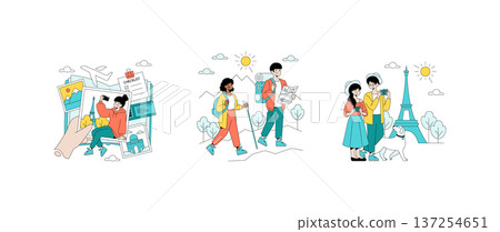 Vector illustration showcasing diverse travel adventures. From creating trip plans with photos and checklists to exploring nature with hiking gear, ending in joyful moments at famous landmarks. 137254651
