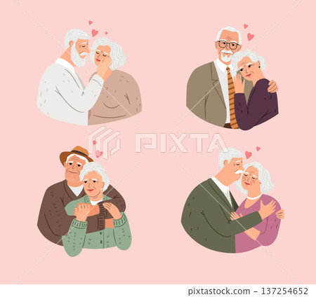 Portraits of couples with gray hair seniors men and woman. Concept vector illustration of the age beauty and love. Set of in love grandfathers and grandmothers Portraits of couples with gray hair seniors men and woman. Concept vector illustration of the age beauty and love. Set of in love grandfathers and grandmothers 137254652