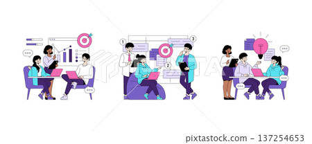 Vector illustration of a diverse business team analyzing data and discussing strategies. Charts and brainstorming sessions highlight teamwork and collaboration in a modern office setting. 137254653