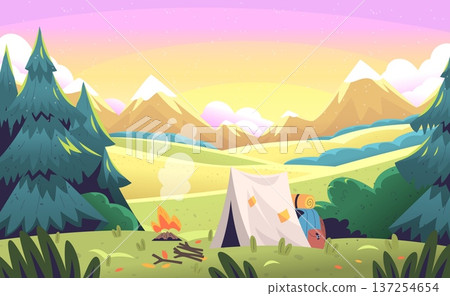 Mountain camping landscape. Camp tent in morning forest sunrise sky, summer hiking campsite campfire firewood bonfire fire outdoor adventure cartoon background vector illustration Mountain camping landscape. Camp tent in morning forest sunrise sky, summer hiking campsite campfire firewood bonfire fire outdoor adventure cartoon background vector illustration 137254654