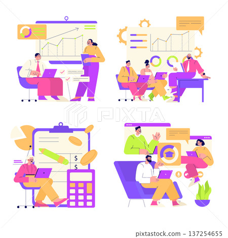 Colorful vector illustration depicting business meetings and data analysis. People collaborate around laptops, charts, and graphs, emphasizing teamwork and strategy in a modern office setting. Colorful vector illustration depicting business meetings and data analysis. People collaborate around laptops, charts, and graphs, emphasizing teamwork and strategy in a modern office setting. 137254655
