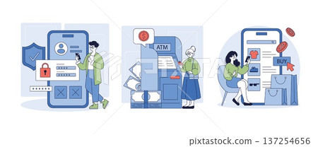 Vector illustration depicting online security and financial transactions. Includes secure login, ATM withdrawal, and online shopping with a focus on digital safety and user interaction. Vector illustration depicting online security and financial transactions. Includes secure login, ATM withdrawal, and online shopping with a focus on digital safety and user interaction. 137254656