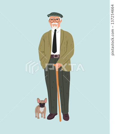 Kind grandpa with a little dog. Beauty of age. Full-length fashion senior man Kind grandpa with a little dog. Beauty of age. Full-length fashion senior man 137254664