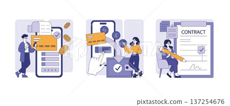 Vector illustration depicting financial transactions and contract signing. Includes a person using a smartphone for mobile payment, another person making a transaction, and signing a contract. 137254676