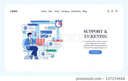 Customer support agent in a modern ticketing system interface vector illustration. Features chat bubbles, notifications, and task status indicators, emphasizing efficiency and communication. Customer support agent in a modern ticketing system interface vector illustration. Features chat bubbles, notifications, and task status indicators, emphasizing efficiency and communication. 137254688